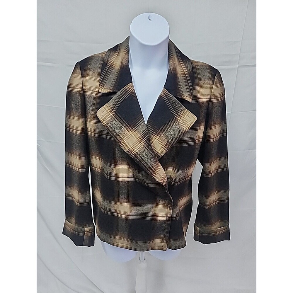 Worthington Stretch Brown Buffalo Plaid Wide Lapel Blazer Snap Wrap Jacket sz 16